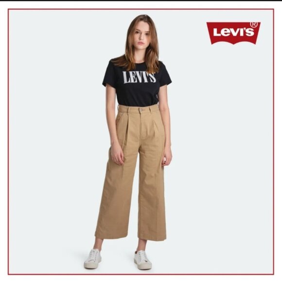 LEVIS Premium Wide Leg Pleated Crop Corduroy Pants Khaki High Waist Size 25 - Picture 1 of 13